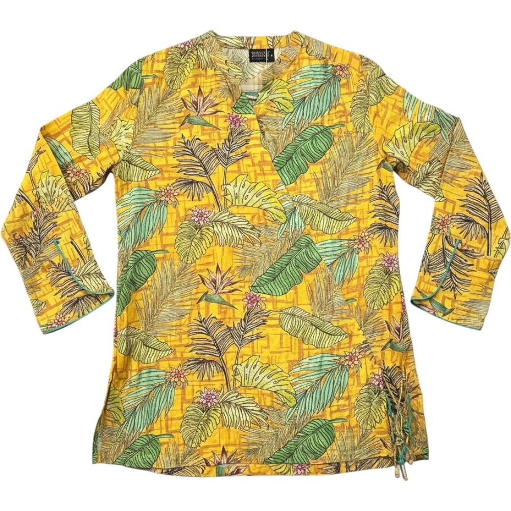 Bonanza Satrangi Tropical Print Lawn Kurti Top M Side Tie Blouse Top Yellow Boho